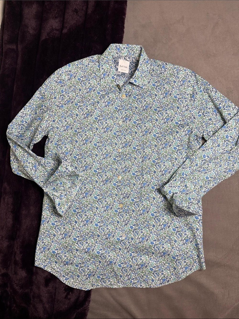 Paul Smith Made in Italy 100% Organic Cotton Blue & Green Micro Floral Sz 15.5